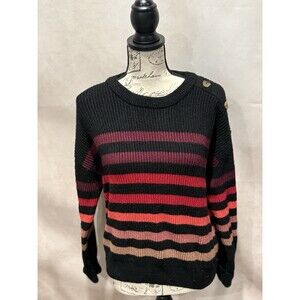 Tahari Women’s Autumn Color Striped Black Sweater With Button Details Size S/P